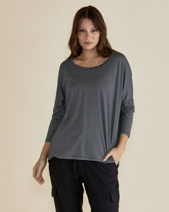 Milan 3/4 Sleeve Top Charcoal Stripe
