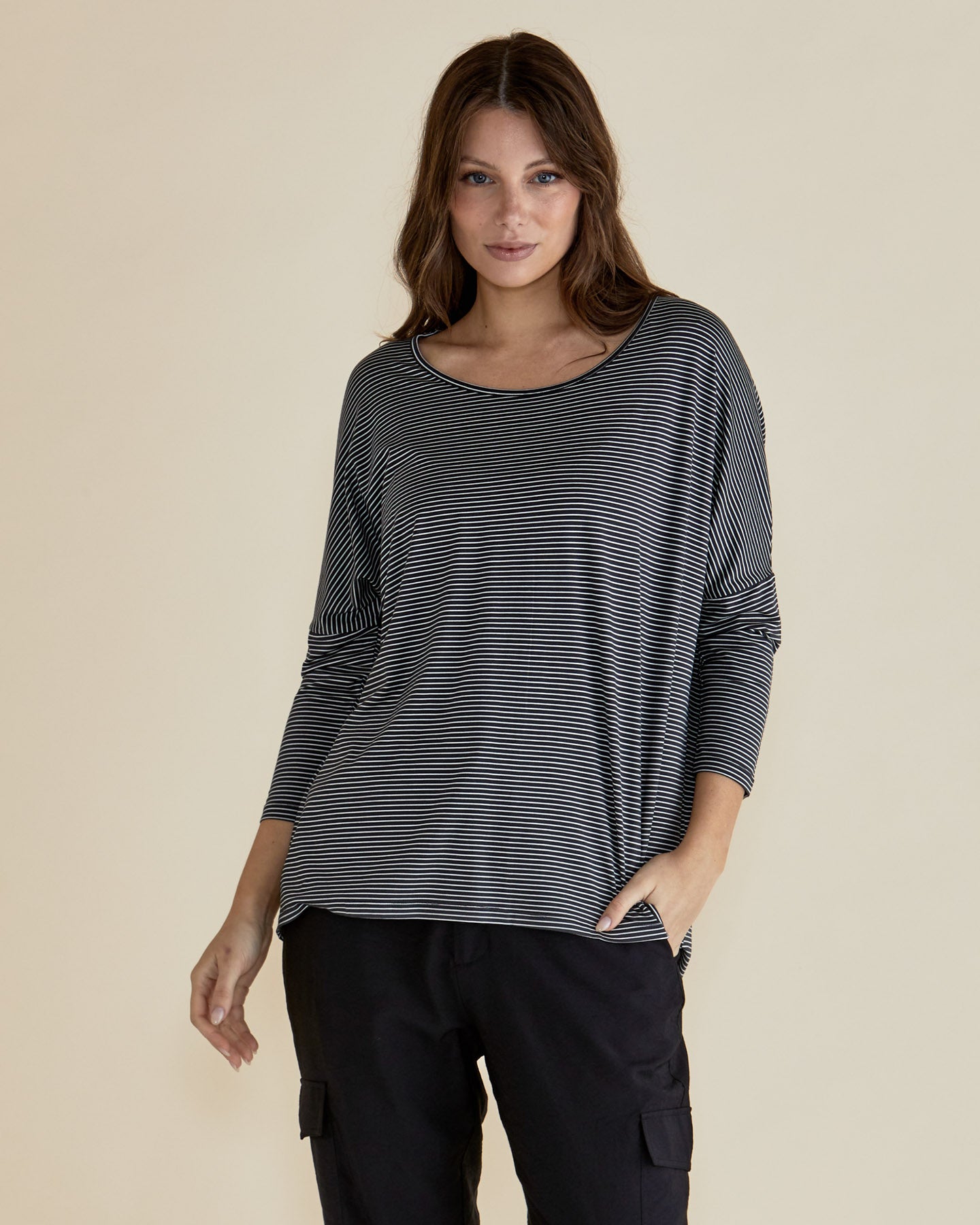 Milan 3/4 Sleeve Top Charcoal Stripe