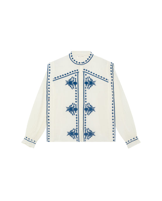 Maison Hotel White shirt with blue embroidered patterns on a white background