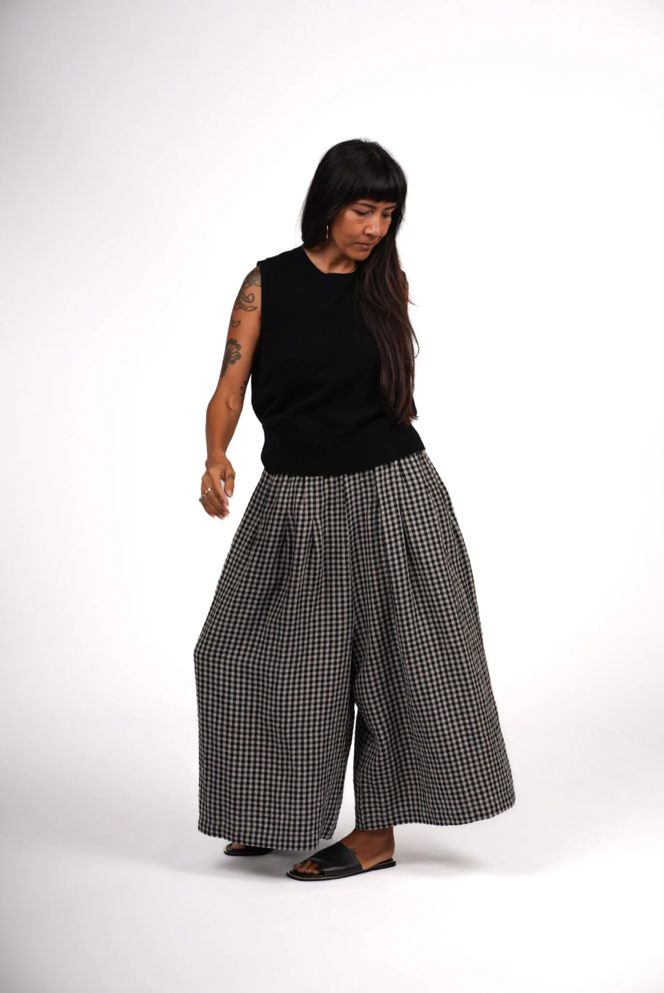 French Linen Gathered Pants in Black Gingham