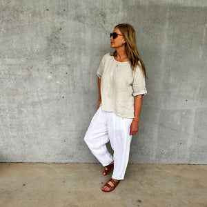 Frederic linen top with rolled up sleeves - White