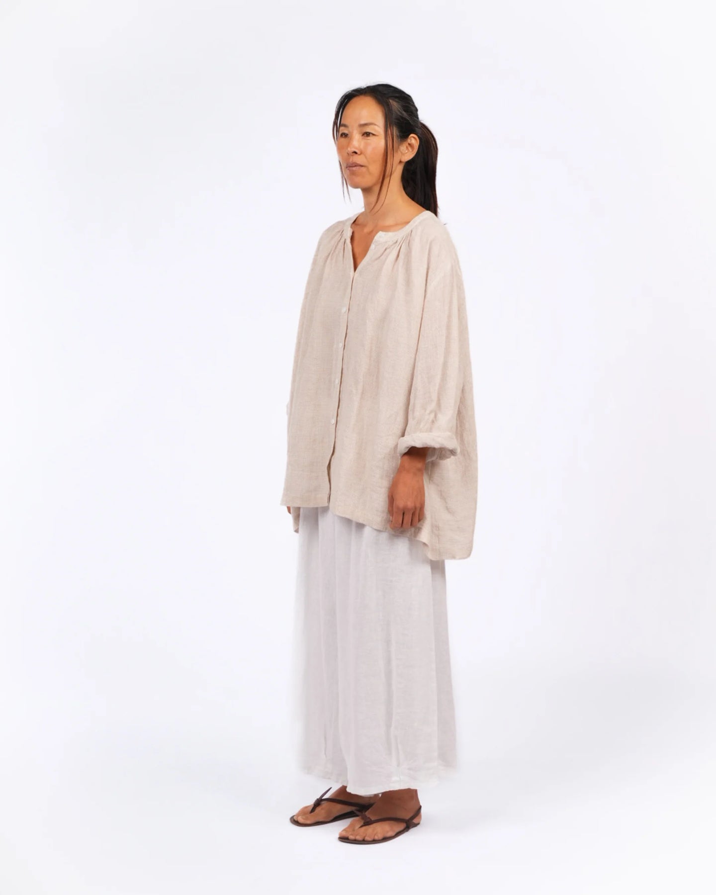 MONTAIGNE Carmen linen top in fine houndstooth linen Natural