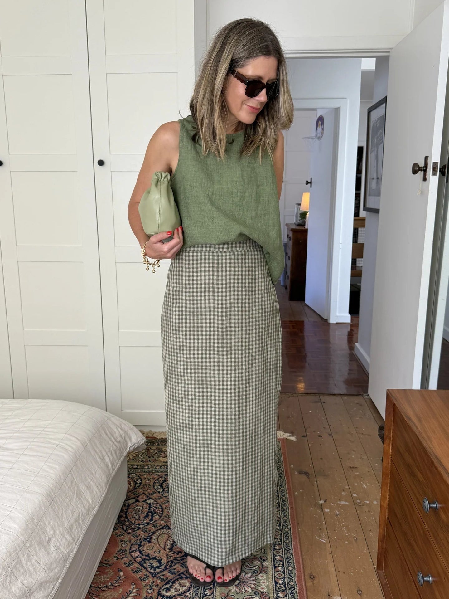 MONTAIGNE French Linen Green Gingham Skirt green gingham