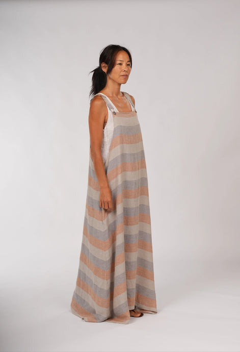 Montaigne Overall-style maxi linen dress in stripe - Orange Stripe