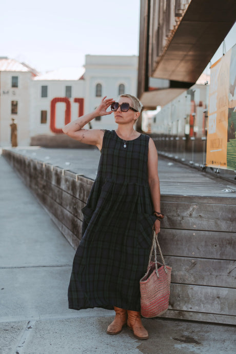 Montaigne Sartene French linen tartan dress Blue