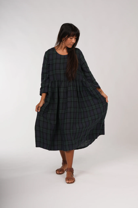 Montaigne Journee French linen tartan dress Blue
