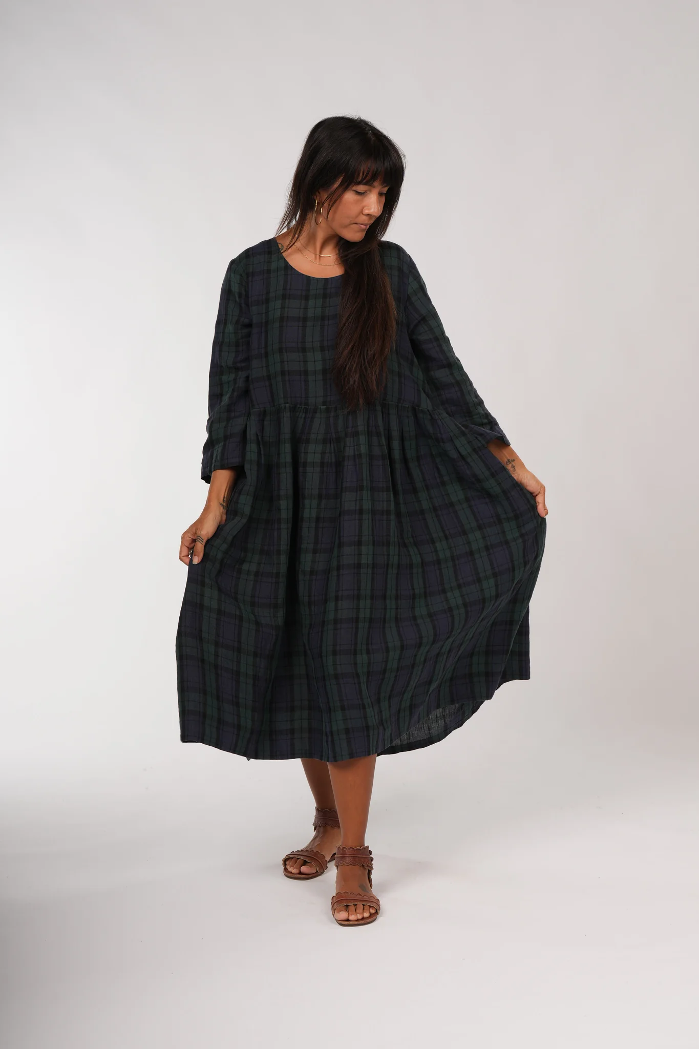 Montaigne Journee French linen tartan dress Blue