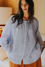 Load image into Gallery viewer, Carmen Linen Top In Fine Blue Stripe Blouse With Buttons Fine Blue Stripe