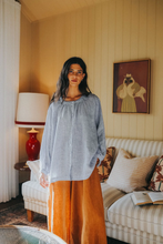 Load image into Gallery viewer, Carmen Linen Top In Fine Blue Stripe Blouse With Buttons Fine Blue Stripe
