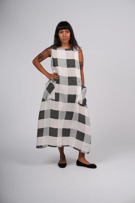 Remy Linen Dress in Large Black Check