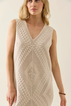 Load image into Gallery viewer, Woman wearing a beige sleeveless knitted dress isle of mine Sylvie Dress canvas 