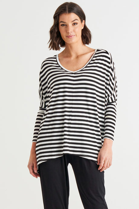 Kyoto V-Neck Tee Black/White Stripe