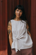 Load image into Gallery viewer, Coco front tie up linen top in houndstooth grey