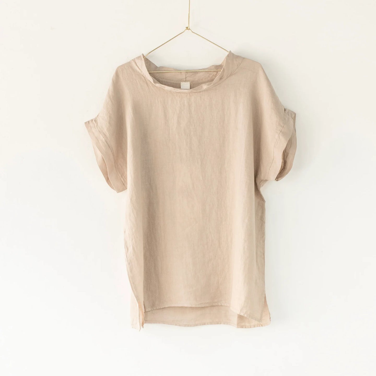European Linen Short Sleeve Top with Semi Cowl Neck
