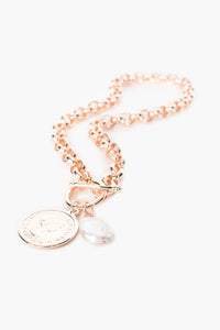 Coin & Pearl Round Link Chain Necklace - rose