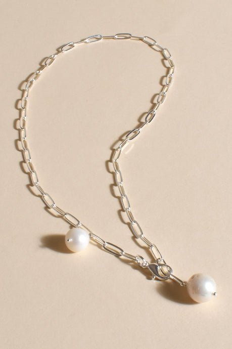 Dual Pearl Charm Necklace Silver