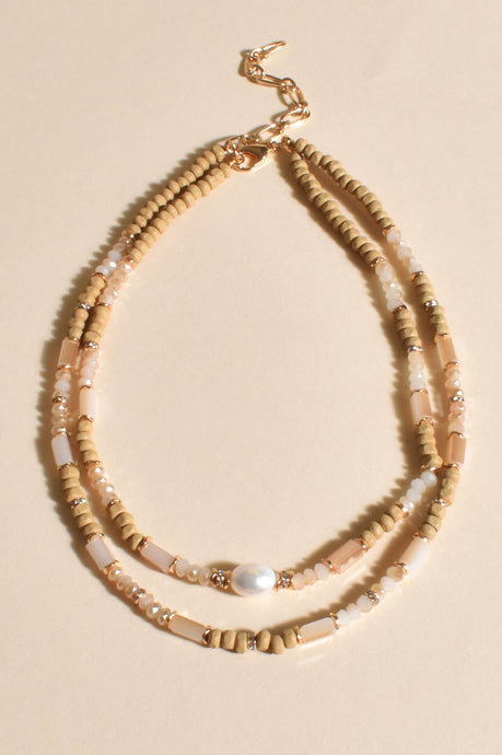 Graceful Double Layer Timber Glass Necklace Cream
