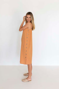 Button Lovina Dress - Camel Humidity Lifestyle Clothing, Linen Clothing, The Corner Store Yamba