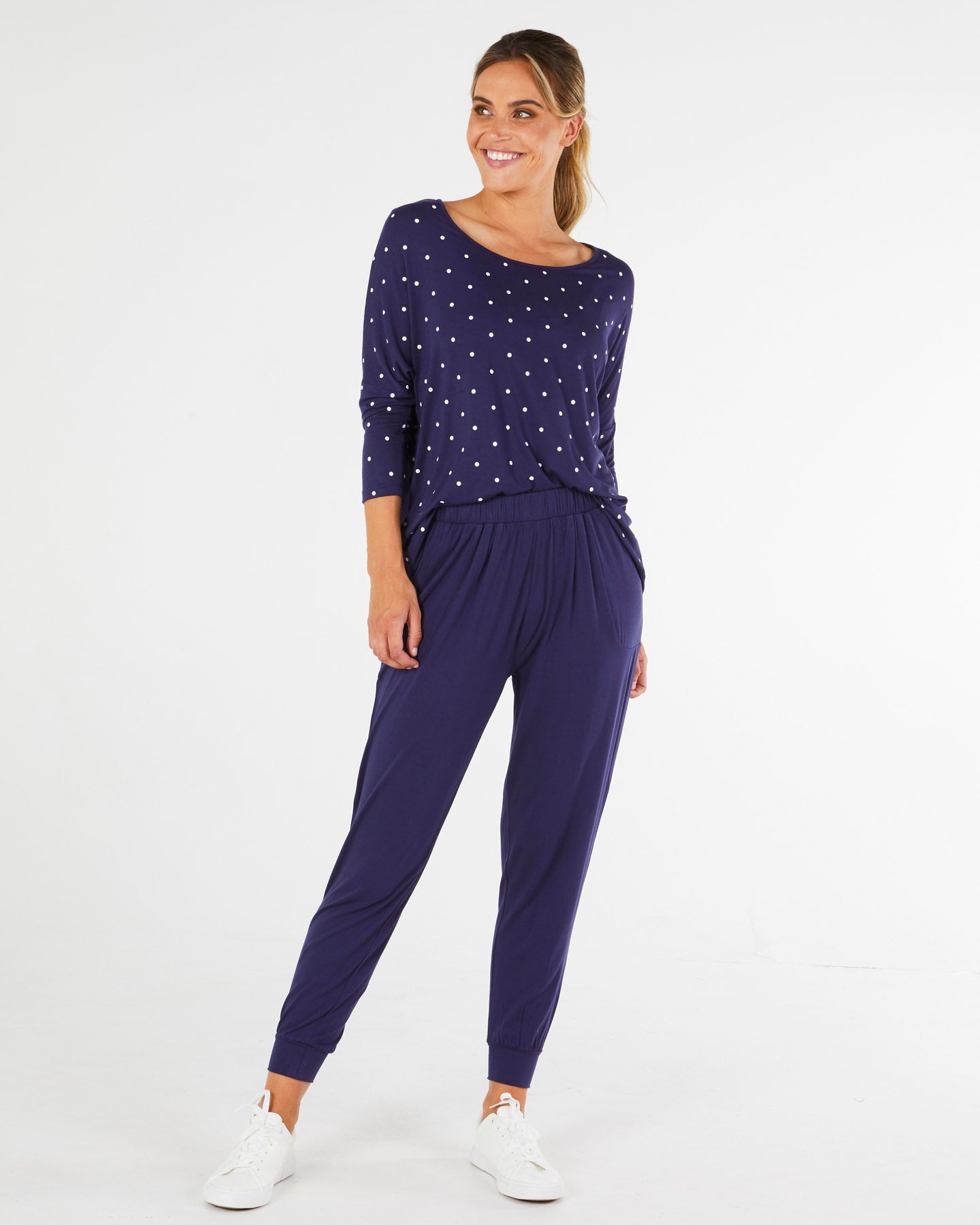 Milan 3/4 Sleeve Top - Navy Polka Dot