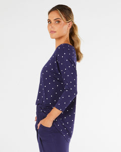 Milan 3/4 Sleeve Top - Navy Polka Dot