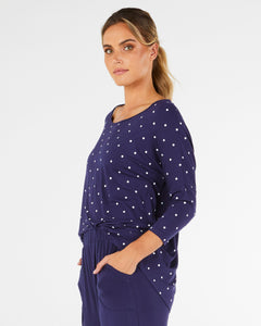 Milan 3/4 Sleeve Top - Navy Polka Dot