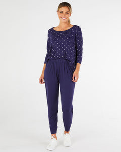 Milan 3/4 Sleeve Top - Navy Polka Dot