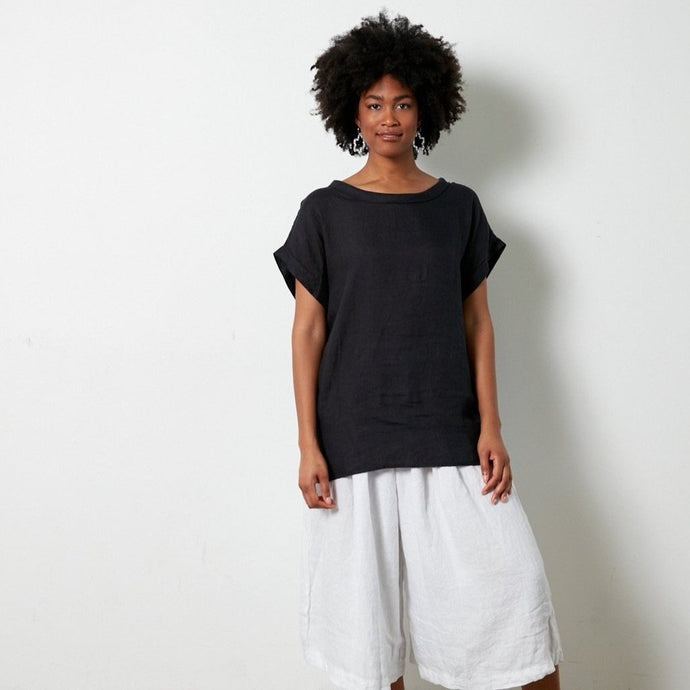 European Linen Short Sleeve Top with Semi Cowl Neck