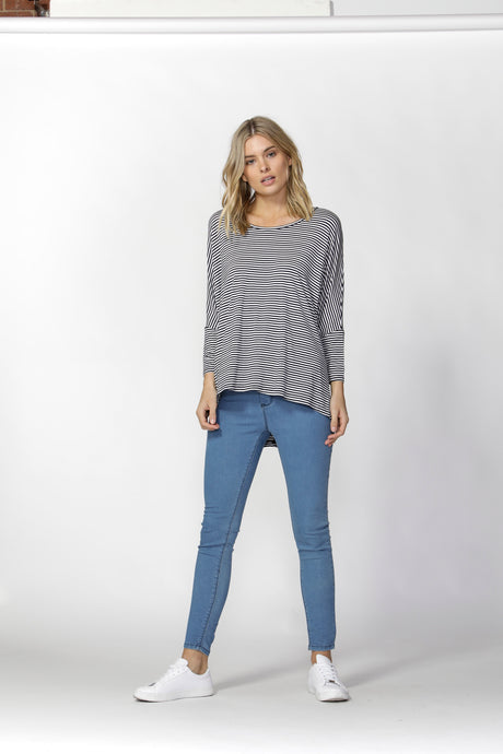 Milan 3/4 Sleeve Top - Navy Blue/White Stripe
