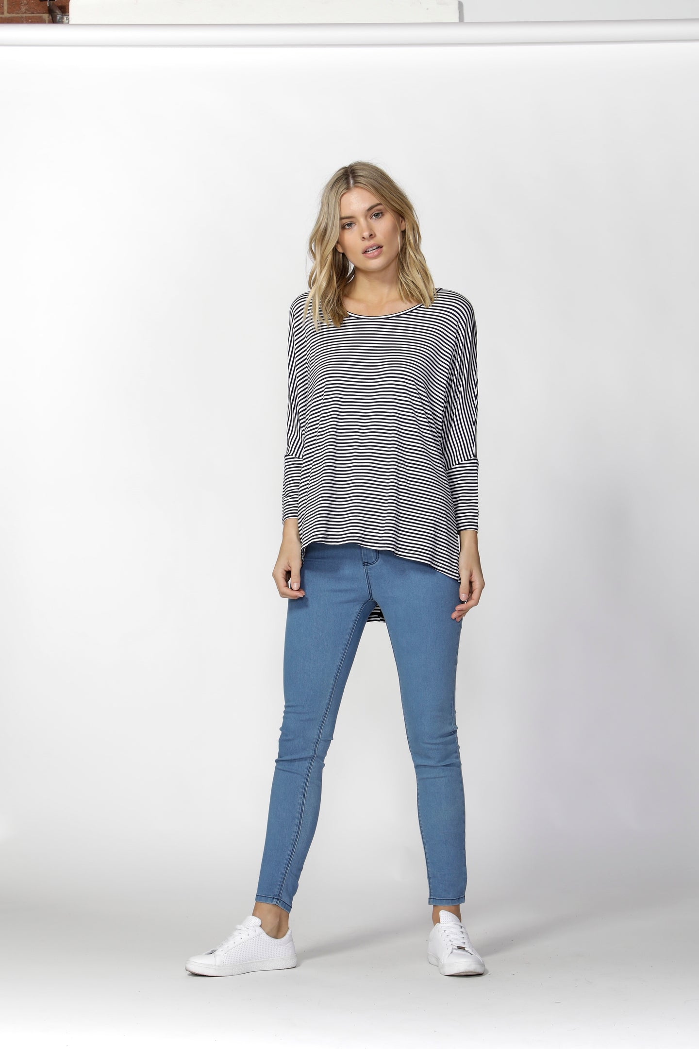 Milan 3/4 Sleeve Top - Navy Blue/White Stripe