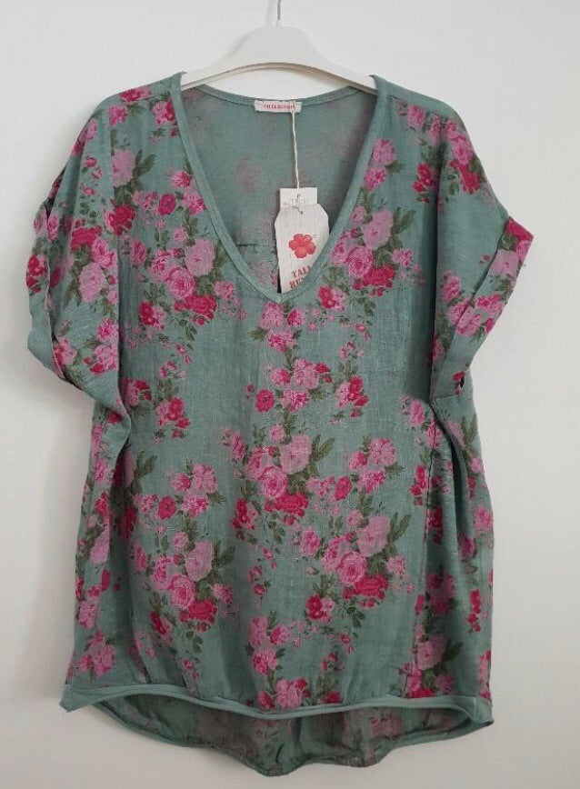 TALIA BENSON ITALIAN LINEN TSHIRT SMALL FLORAL The Corner Store Yamba
